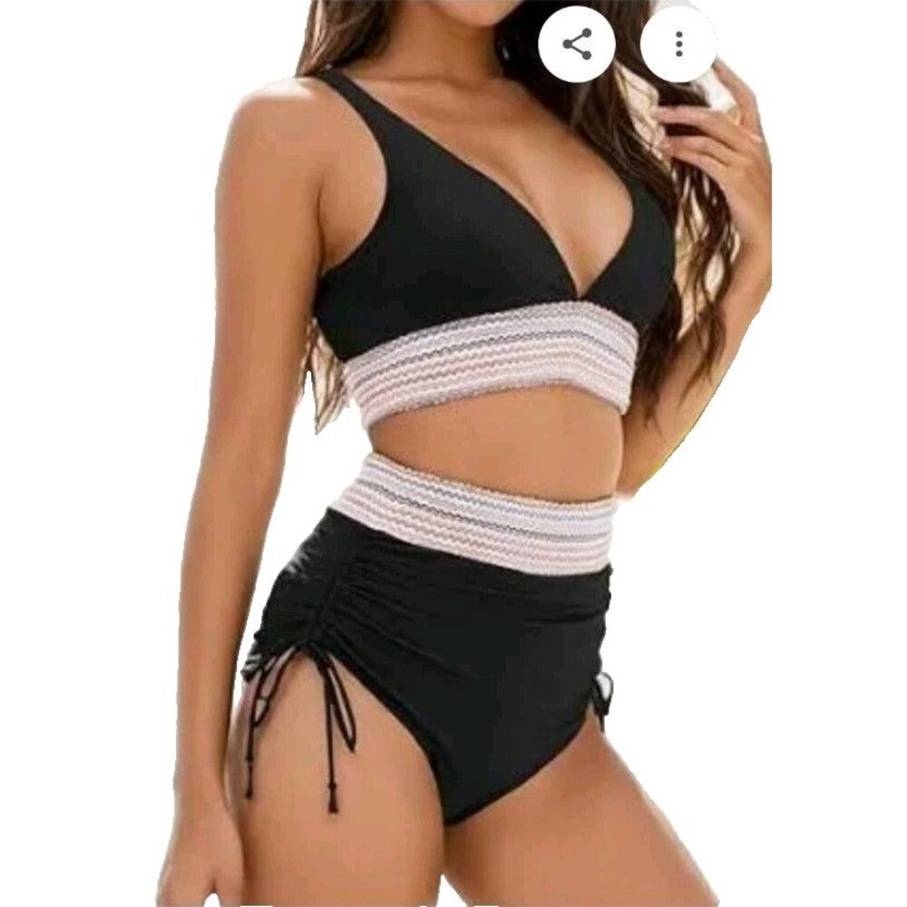 Zuvebamyo XL Black High Waisted Bikini Set Color Block‎ Tummy Control NEW